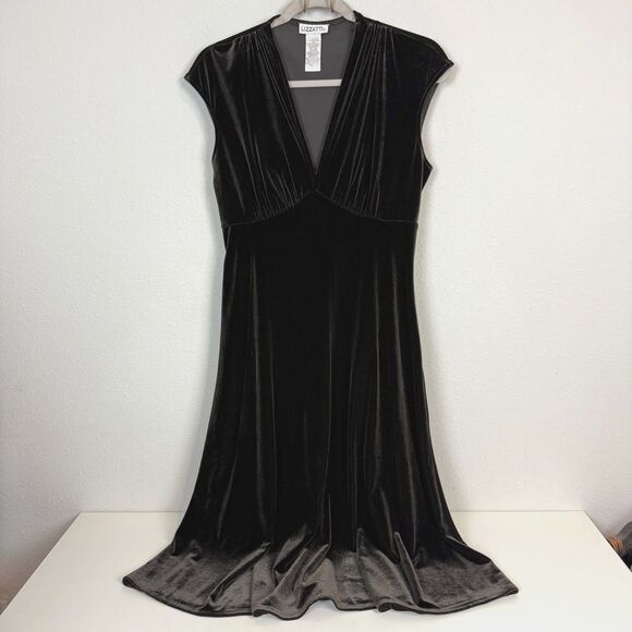 VTG Lizzatti Chocolate Brown Velvet Y2K Midi Dress 10 - Picture 1 of 7